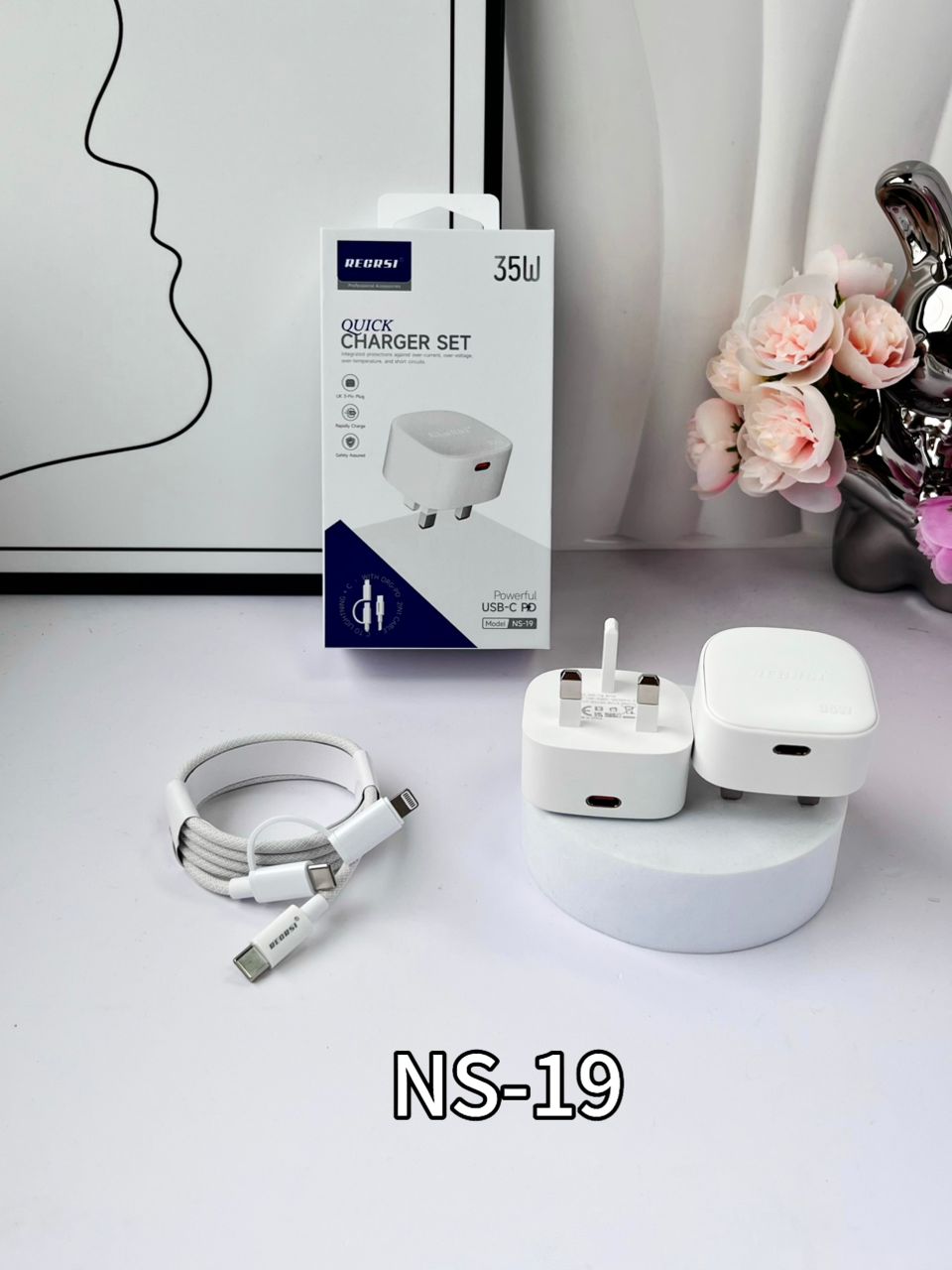 35W 3 Pin Quick Charger Type C 2 in 1 Cable iOS+ C