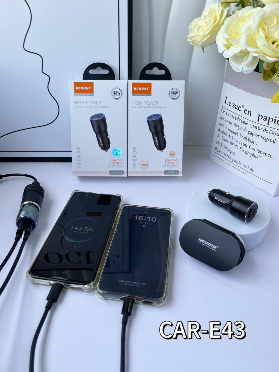 48W Car Charger USB A and C Port